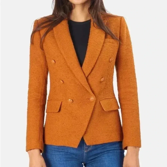 L'agence Kenzie Double-Breasted Tweed Blazer - Dark Caramel - Size 10 - Picture 4 of 14
